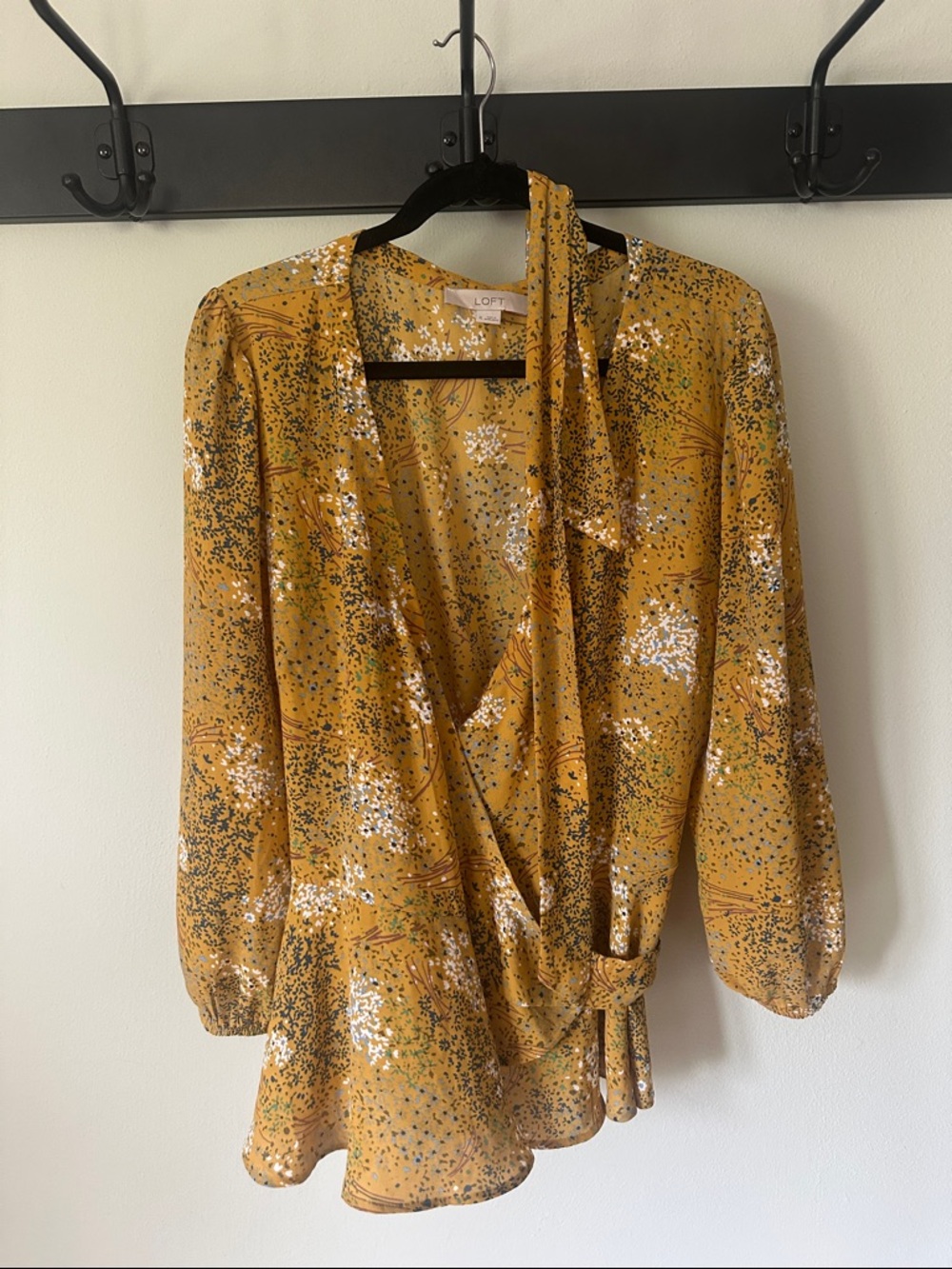 LOFT Mustard Floral Tie-Waist Wrap Blouse